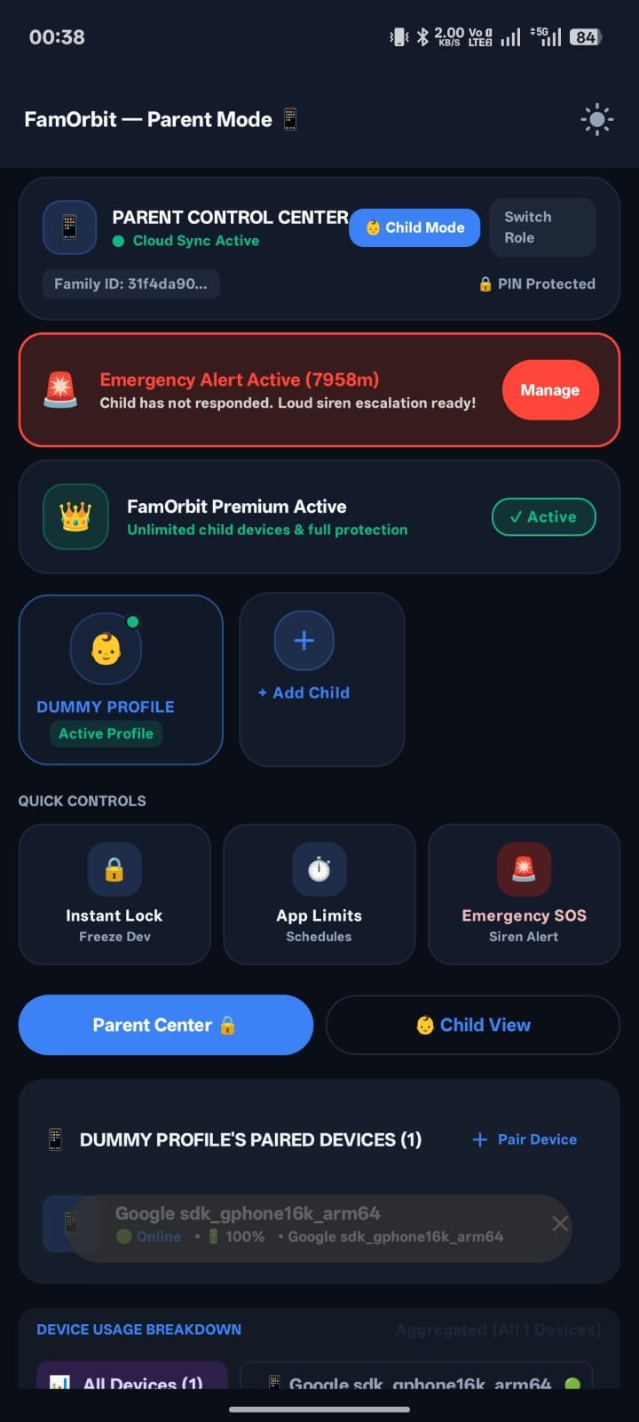 FamOrbit Parent Dashboard Screen